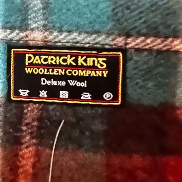Patrick King Wool Pocket Scarf Plaid Design With Fringe Trim Brown Teal scotish - Picture 5 of 10